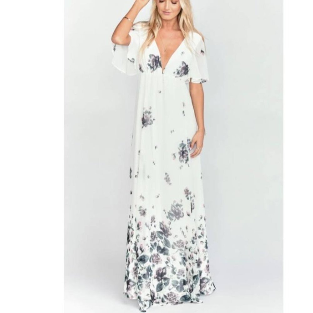 Show Me Your Mumu Fay Flutter Sleeve Maxi Ivory Dress Boho Wedding Sz XXS NWT